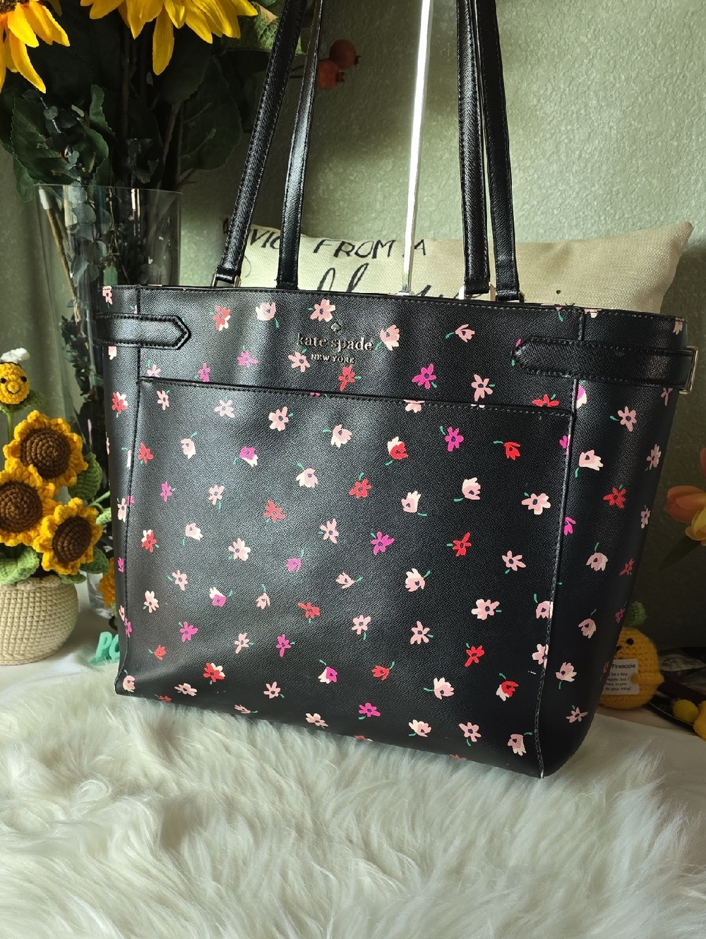 Kate Spade Black Floral Tote with Pink and Red Accents